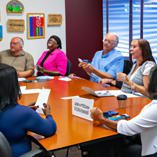 Diverse group of business professionals discussing the benefits of Space Coast Credit Union business accounts.