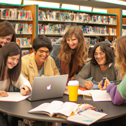 Diverse group of college students studying together in a library.