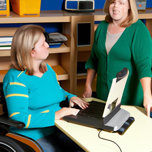 A special education teacher using assistive technology to support a student with disabilities.